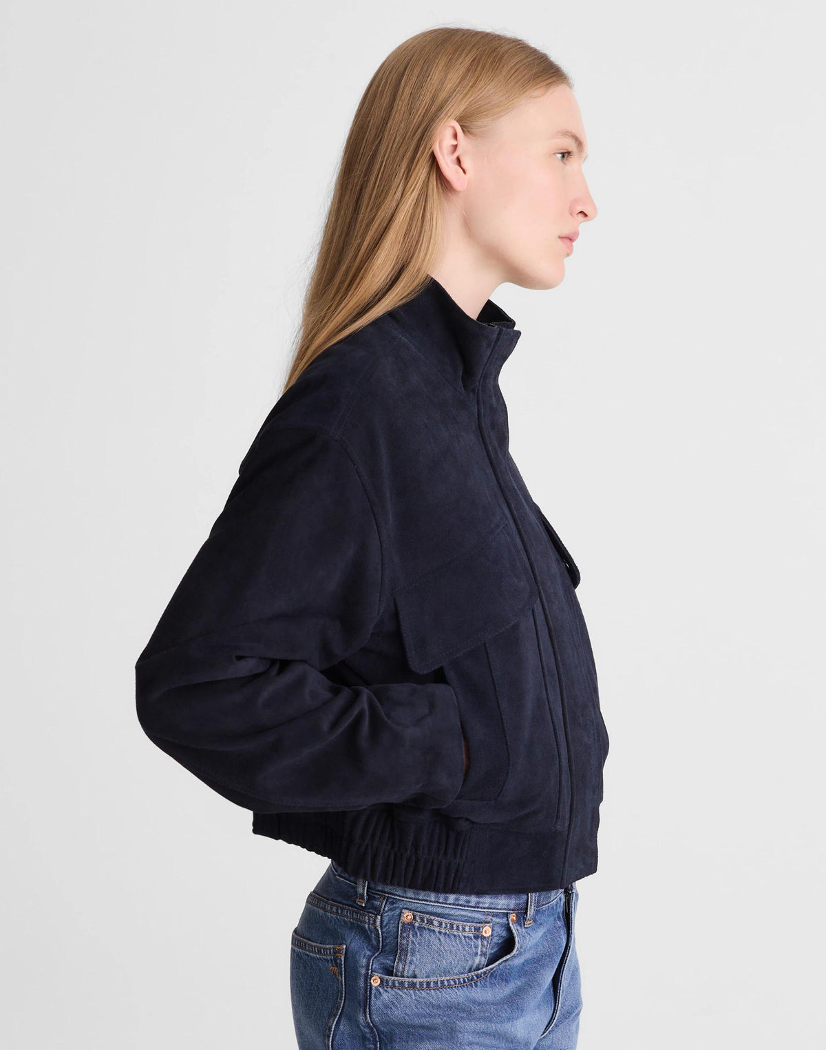 Funnel-Neck Utility Jacket in Suede Classic Navy | Madewell