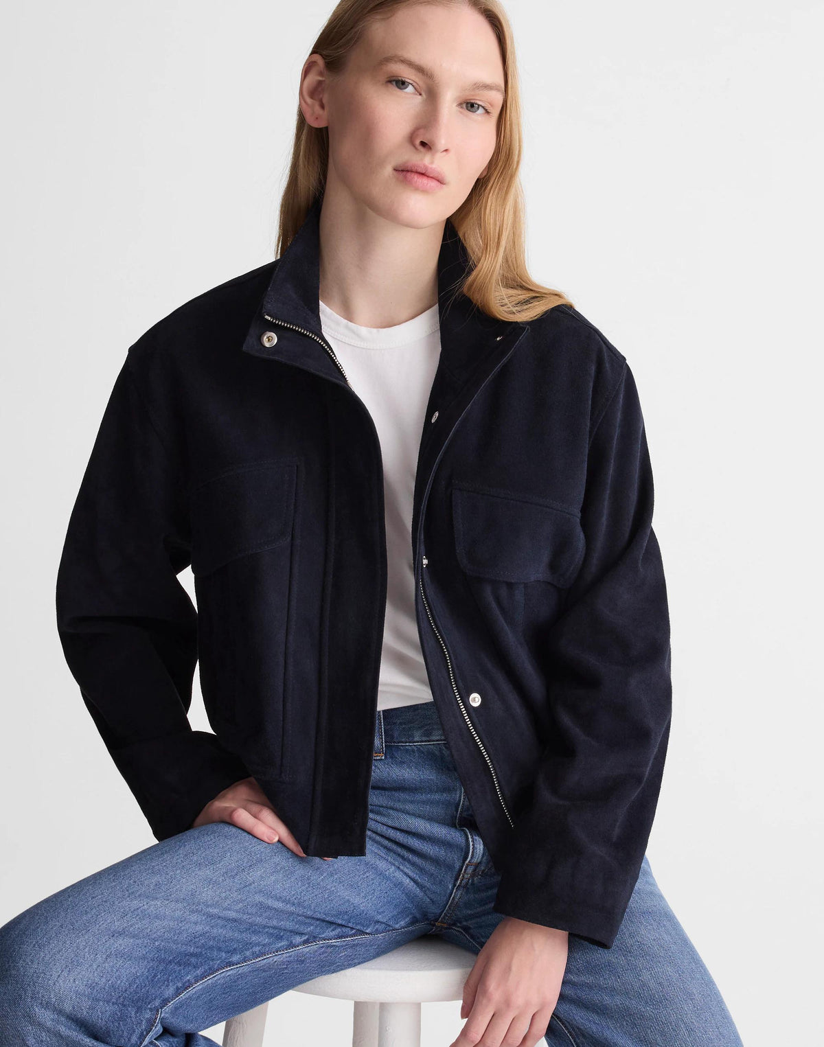 Funnel-Neck Utility Jacket in Suede Classic Navy | Madewell