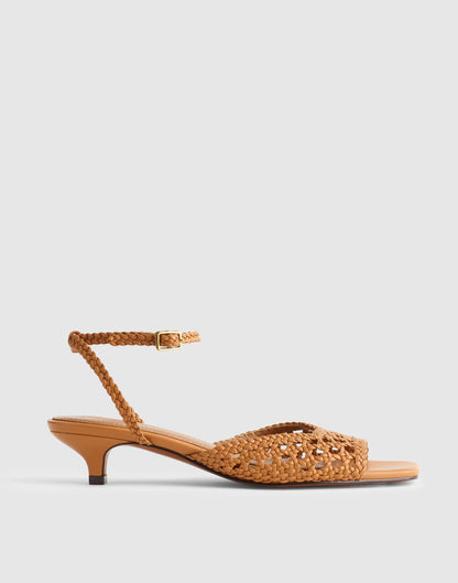 The Tyra Ankle-Strap Kitten-Heel Sandal in Woven Leather Sunbaked Tan | Madewell
