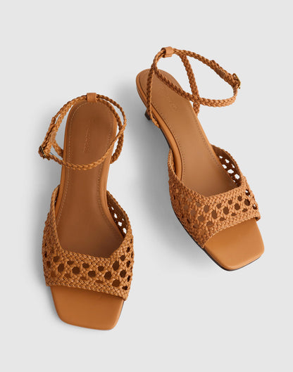 The Tyra Ankle-Strap Kitten-Heel Sandal in Woven Leather Sunbaked Tan | Madewell