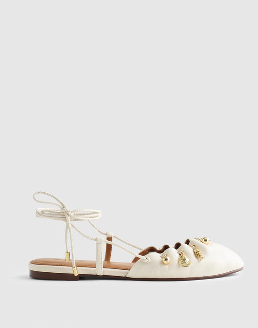 Madewell x Shopbop Greta Ruched Ankle-Tie Flat in Leather Vintage Ivory | Madewell