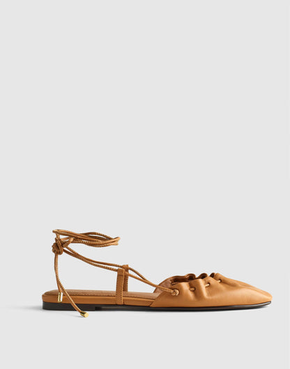 The Greta Ruched Ankle-Tie Flat in Leather Golden Tan | Madewell