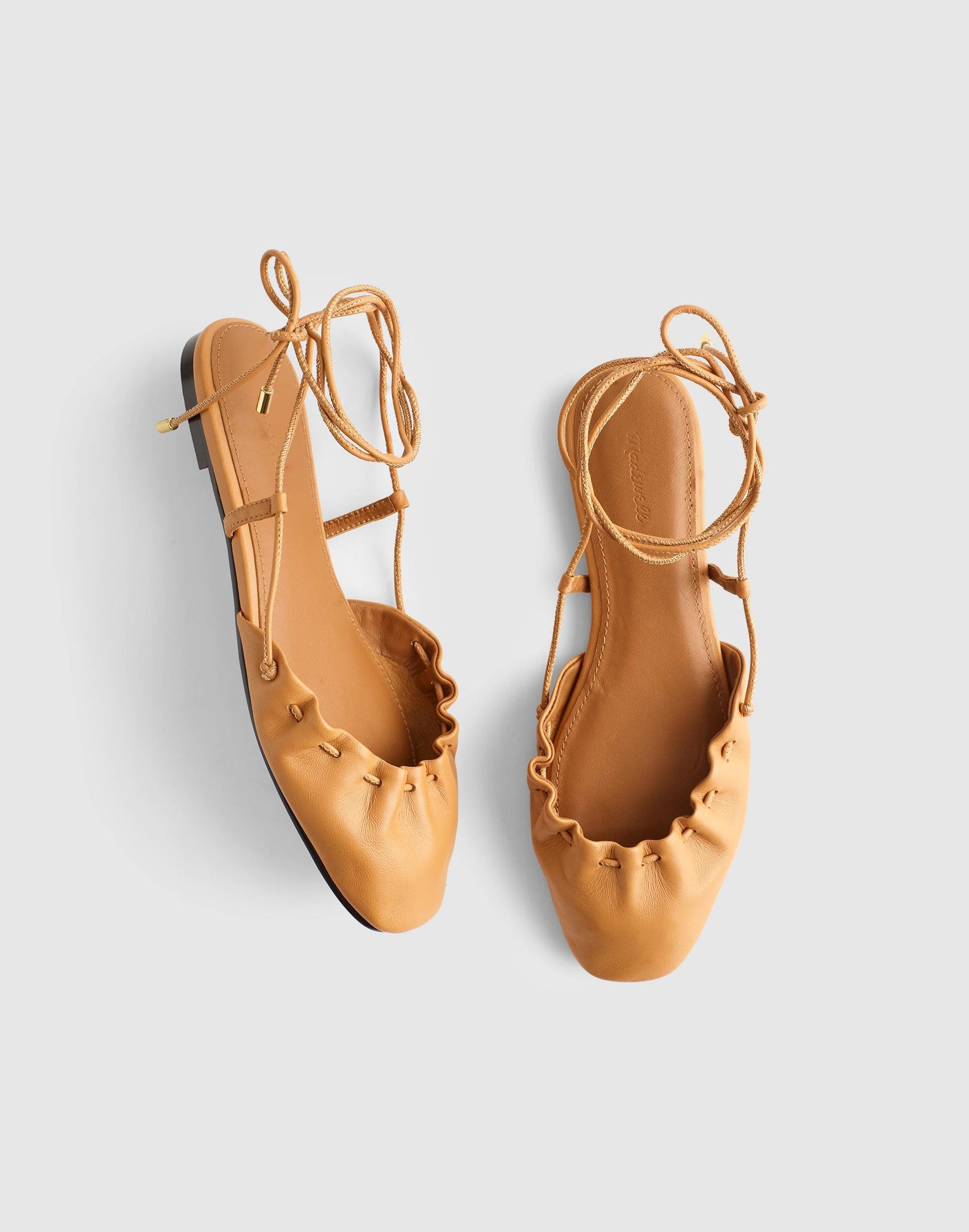 The Greta Ruched Ankle-Tie Flat in Leather Golden Tan | Madewell