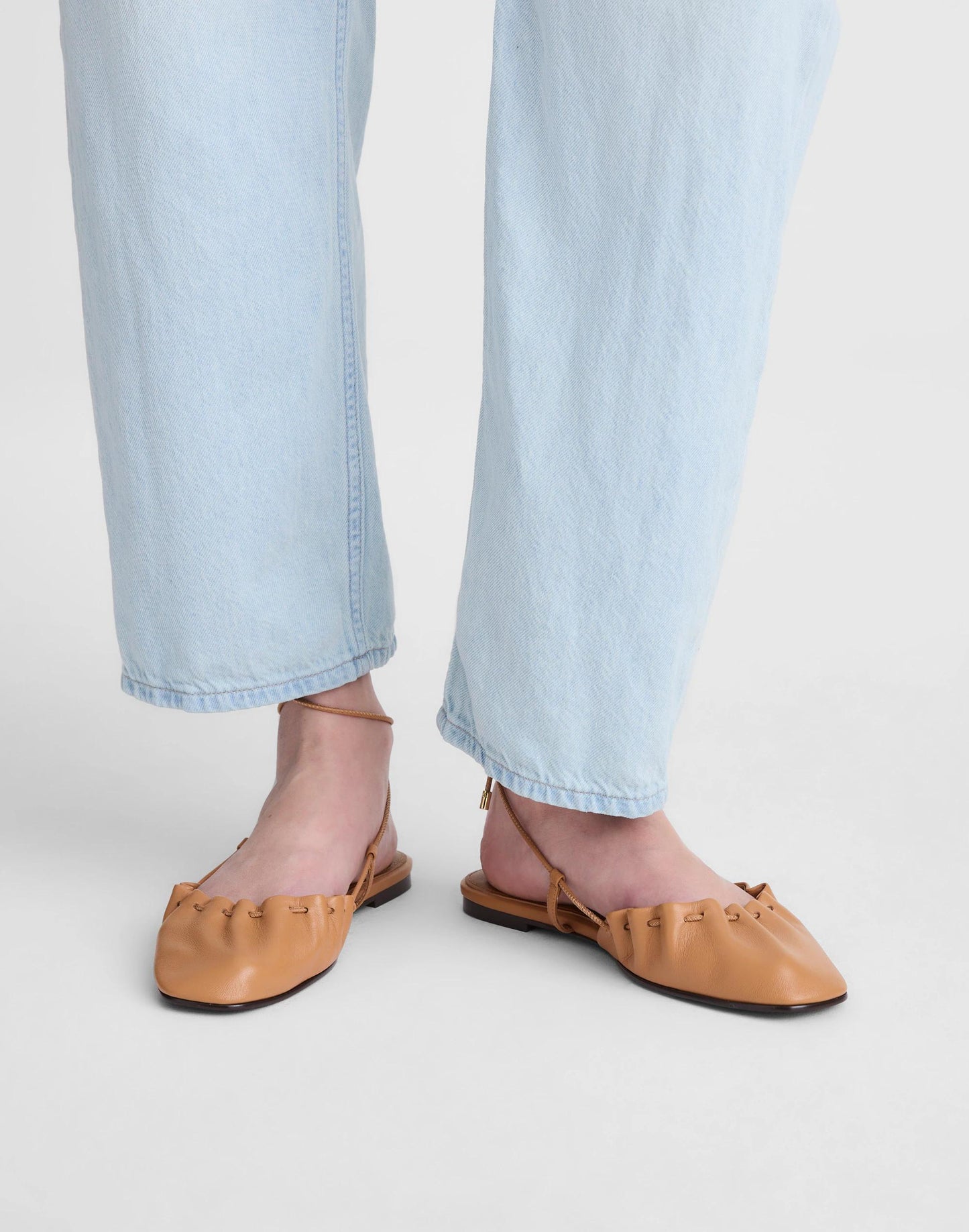 The Greta Ruched Ankle-Tie Flat in Leather Golden Tan | Madewell