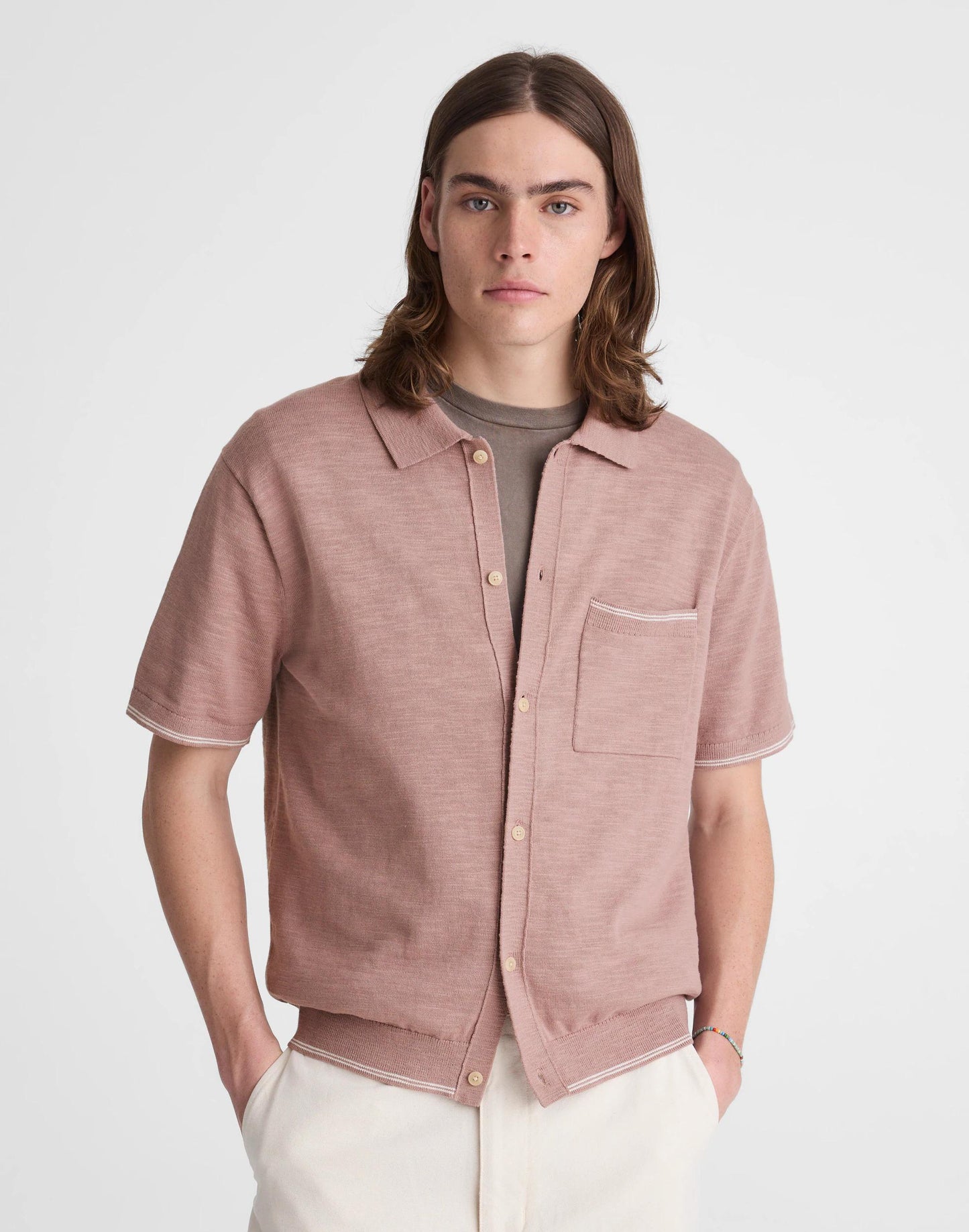 Tipped Knit Button-Up Shirt in Slub Knit Cotton Pale Thistle | Madewell