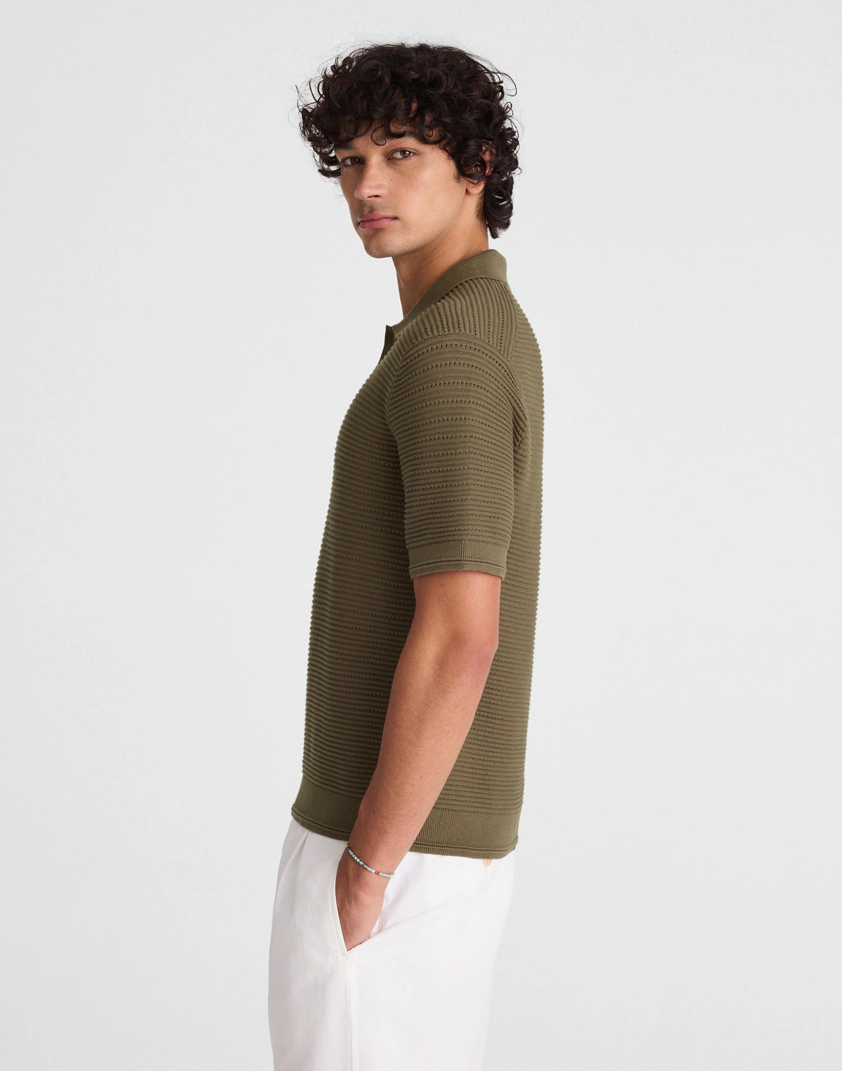 Textured Open-Stitch Polo Olive Stone | Madewell