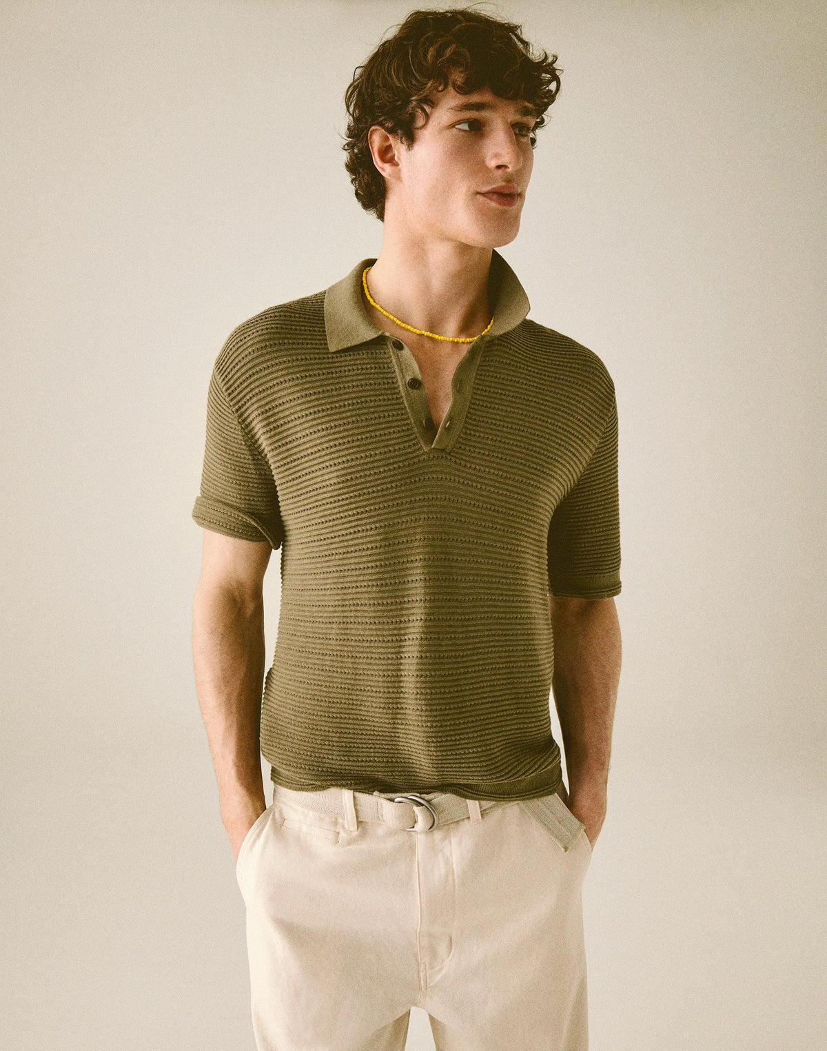Textured Open-Stitch Polo Olive Stone | Madewell