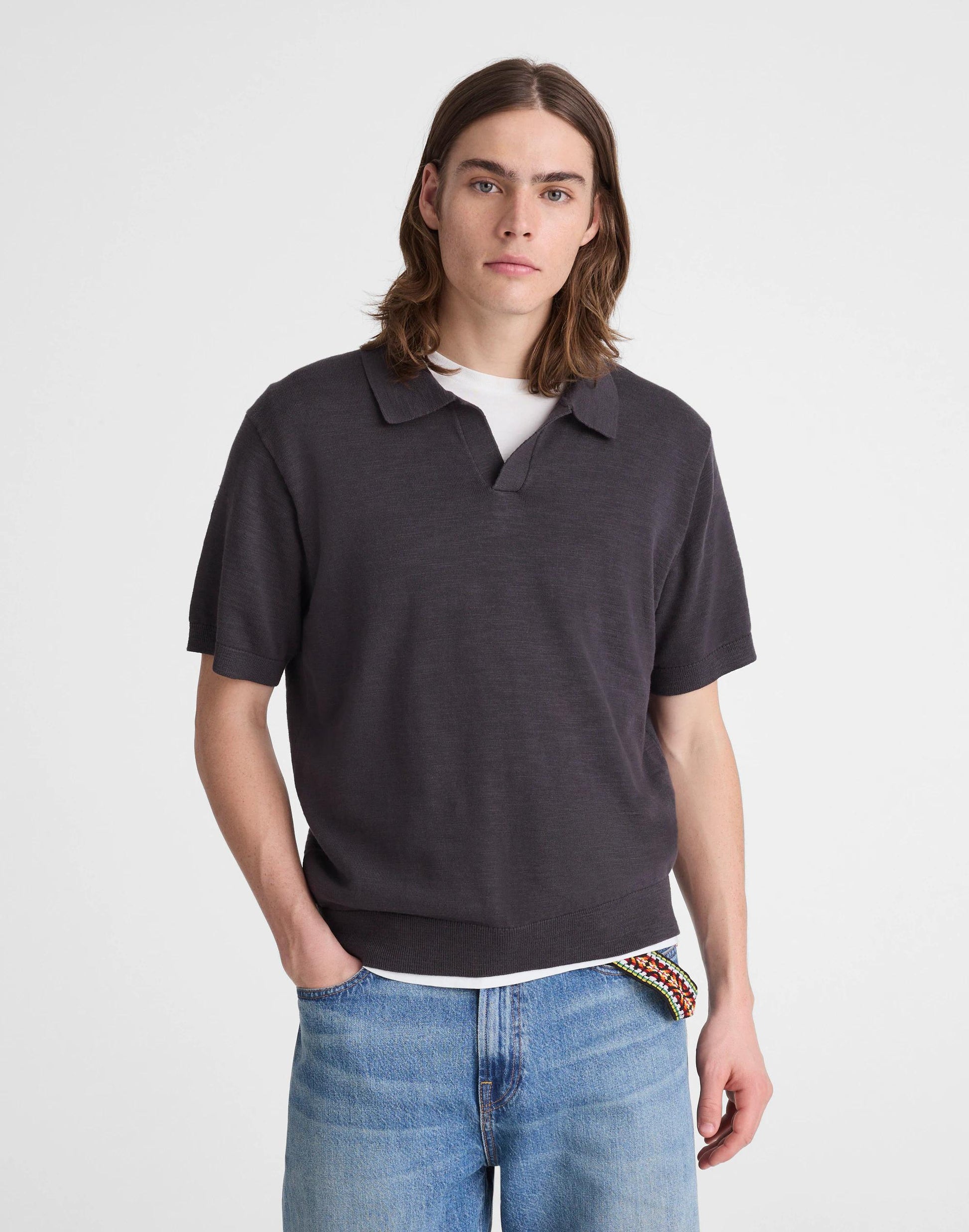 Johnny-Collar Sweater Polo in Slub Knit Cotton Coal | Madewell