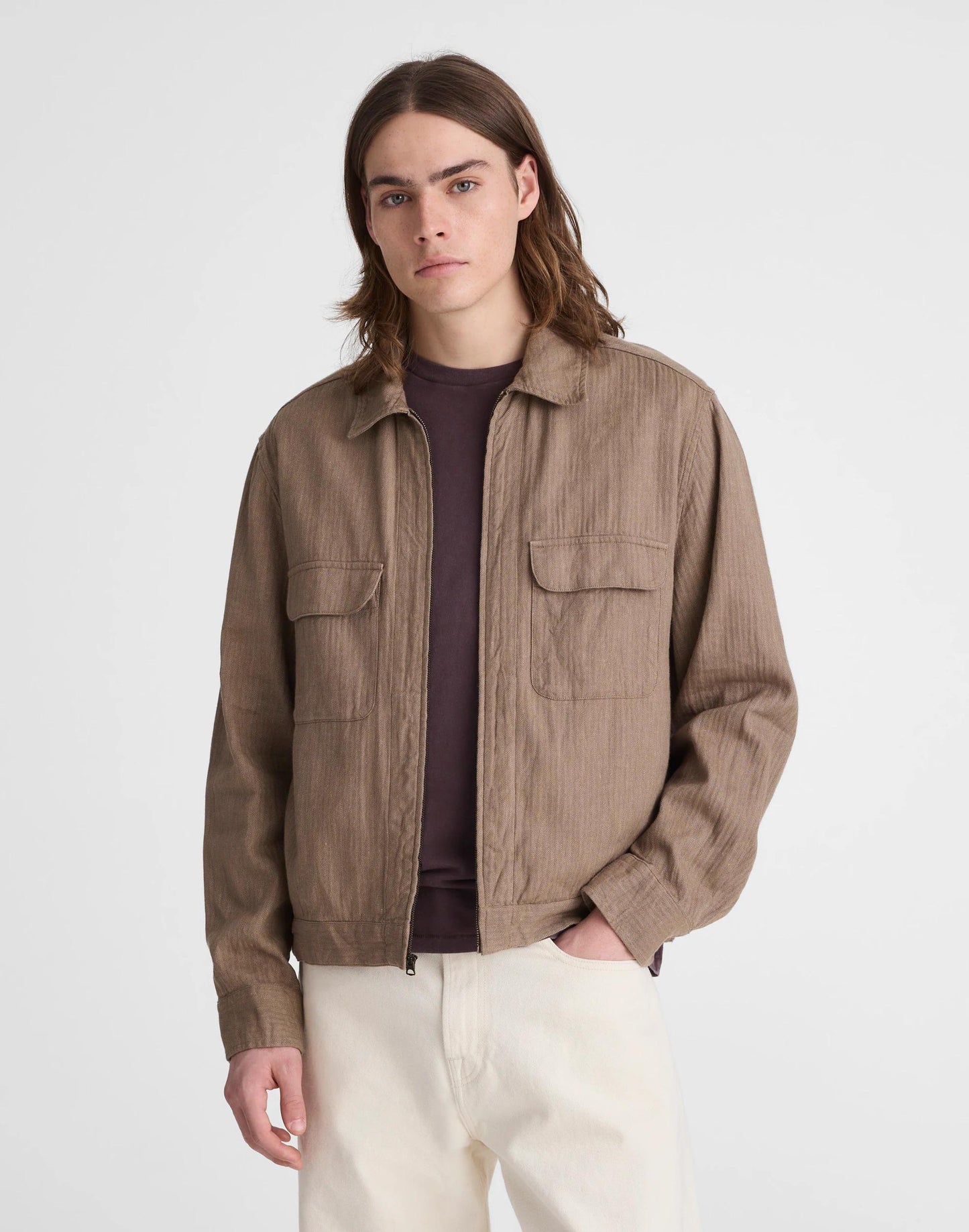 Zip-Front Jacket in Herringbone Cotton-Linen Blend Light Mauve | Madewell