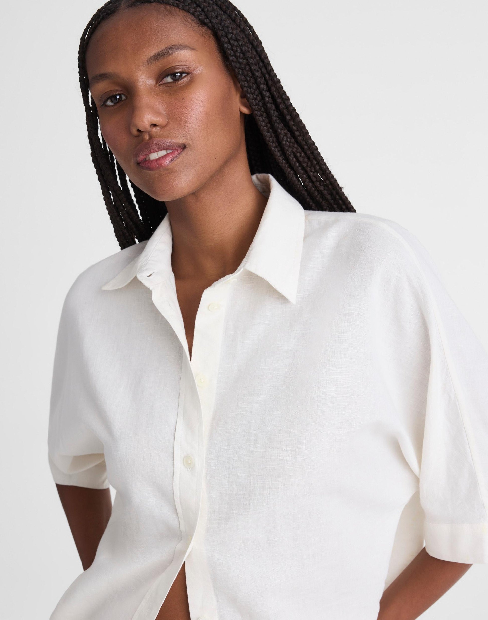 Relaxed Pleat-Sleeve Button-Up Shirt in Cotton-Linen Blend Ivory Linen | Madewell