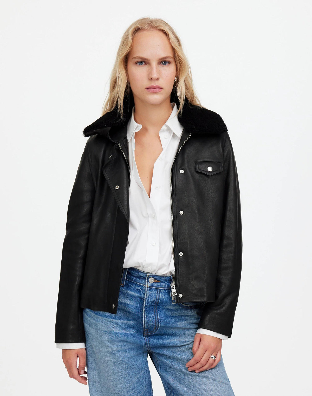 Sherpa-Collar Asymmetric Zip-Front Jacket in Leather True Black | Madewell