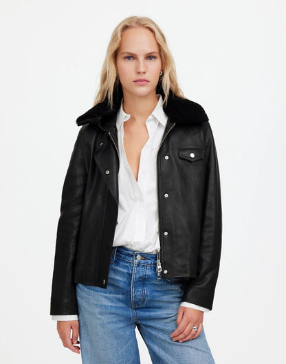 Sherpa-Collar Asymmetric Zip-Front Jacket in Leather True Black | Madewell