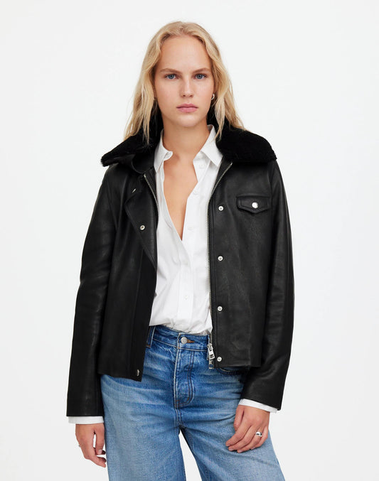 Sherpa-Collar Asymmetric Zip-Front Jacket in Leather True Black | Madewell