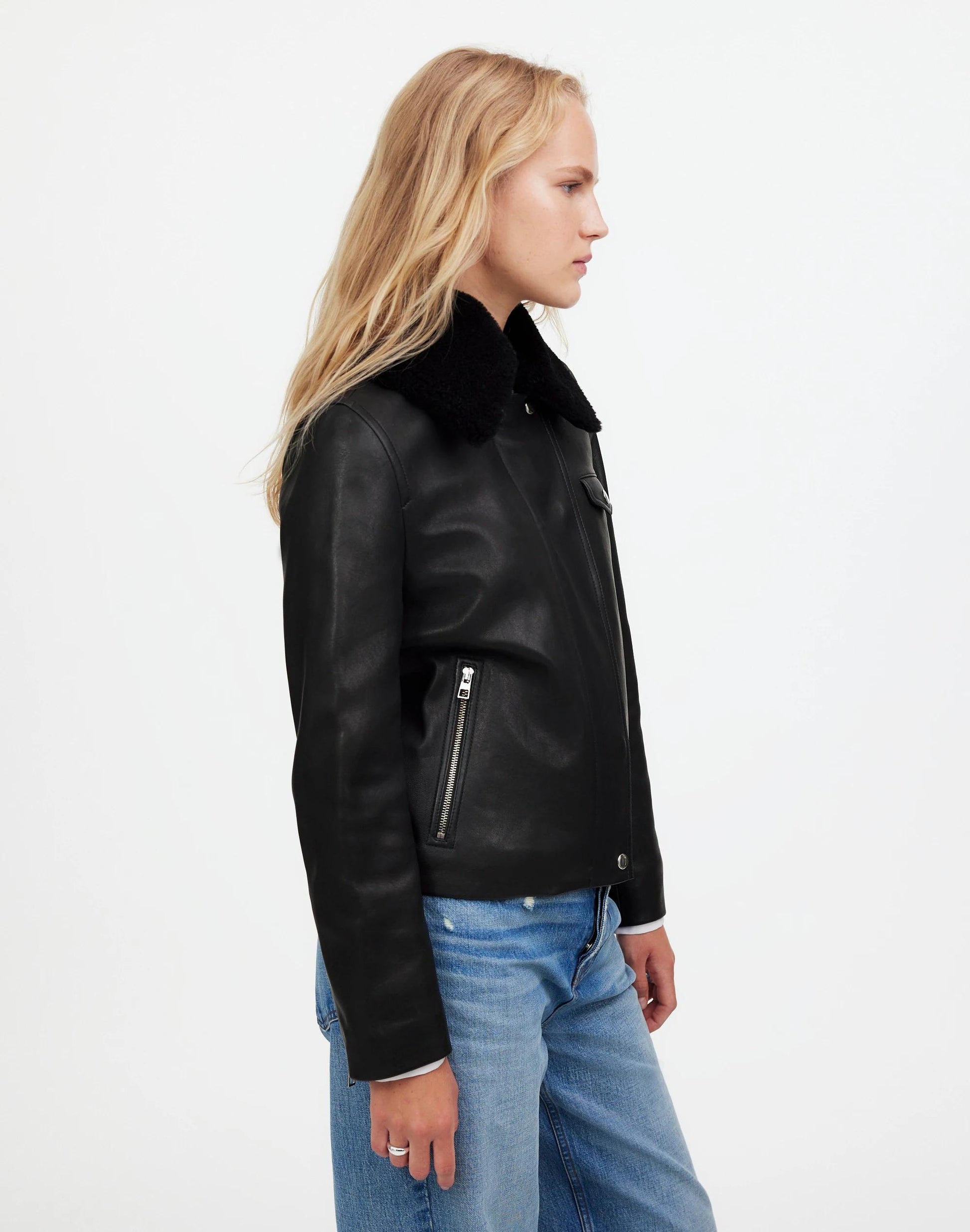 Sherpa-Collar Asymmetric Zip-Front Jacket in Leather True Black | Madewell