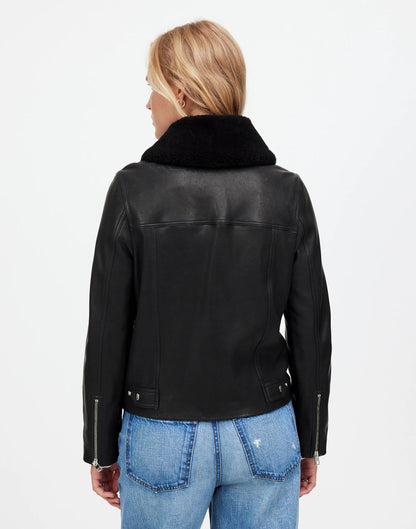 Sherpa-Collar Asymmetric Zip-Front Jacket in Leather True Black | Madewell