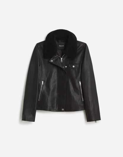Sherpa-Collar Asymmetric Zip-Front Jacket in Leather True Black | Madewell