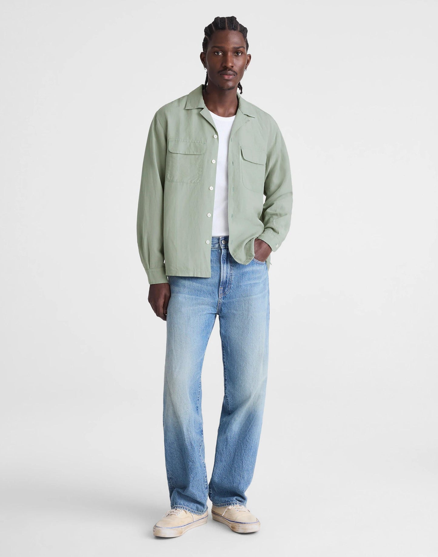 The Long-Sleeve Camp Shirt in Archive Linen Blend Frosted Cement | Madewell
