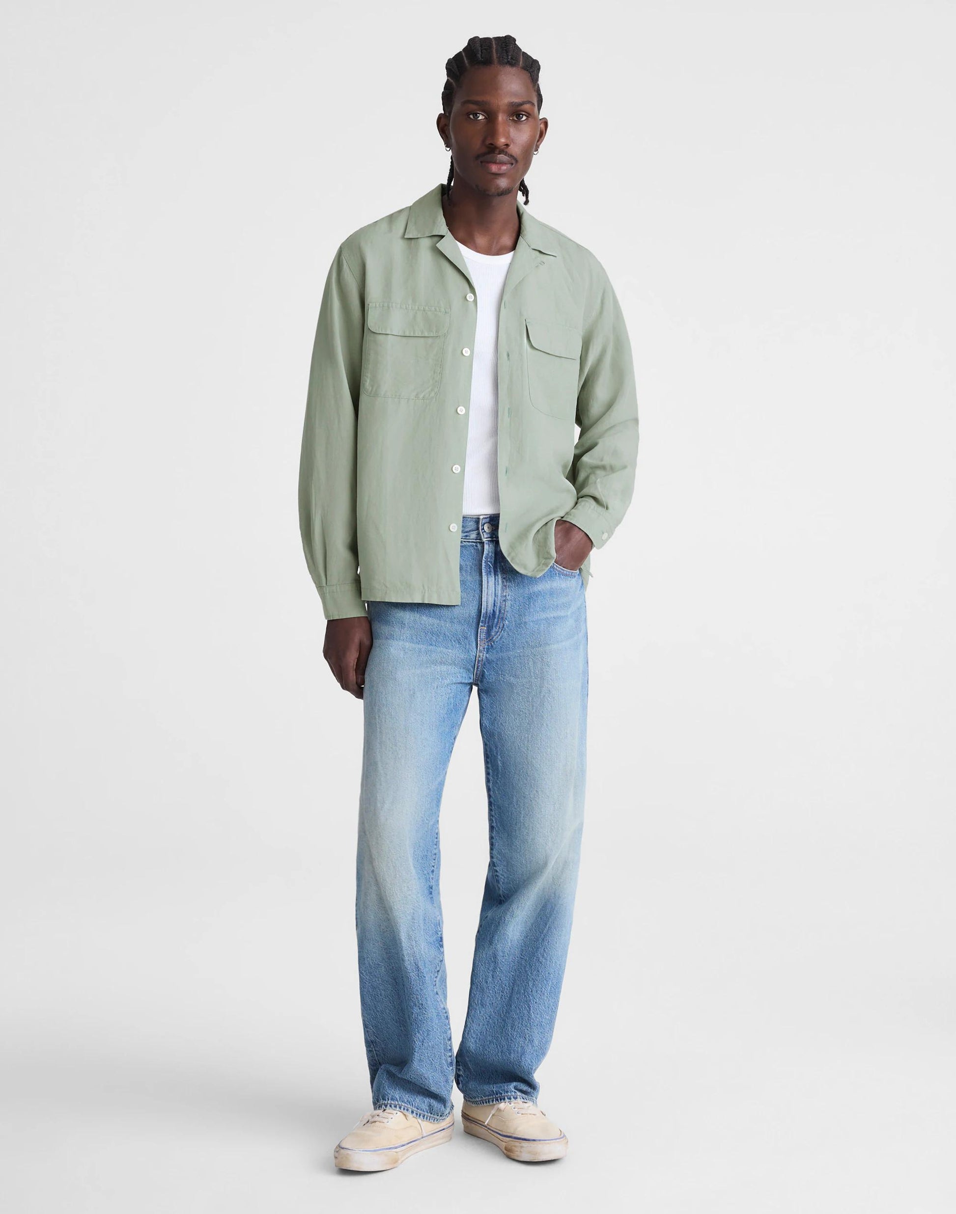 The Long-Sleeve Camp Shirt in Archive Linen Blend Frosted Cement | Madewell