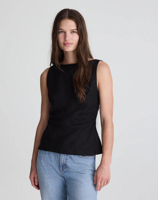 Cinched Boatneck Sleeveless Top in 100% Linen Jet Black | Madewell