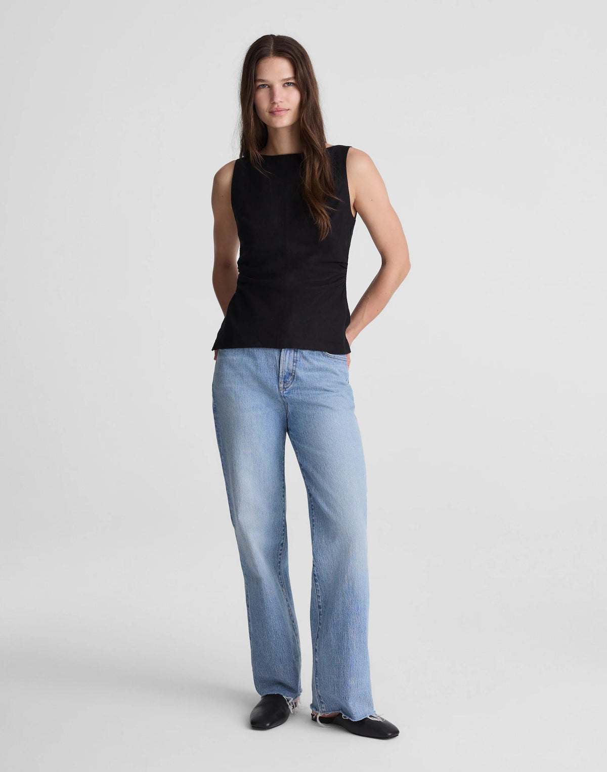 Cinched Boatneck Sleeveless Top in 100% Linen Jet Black | Madewell