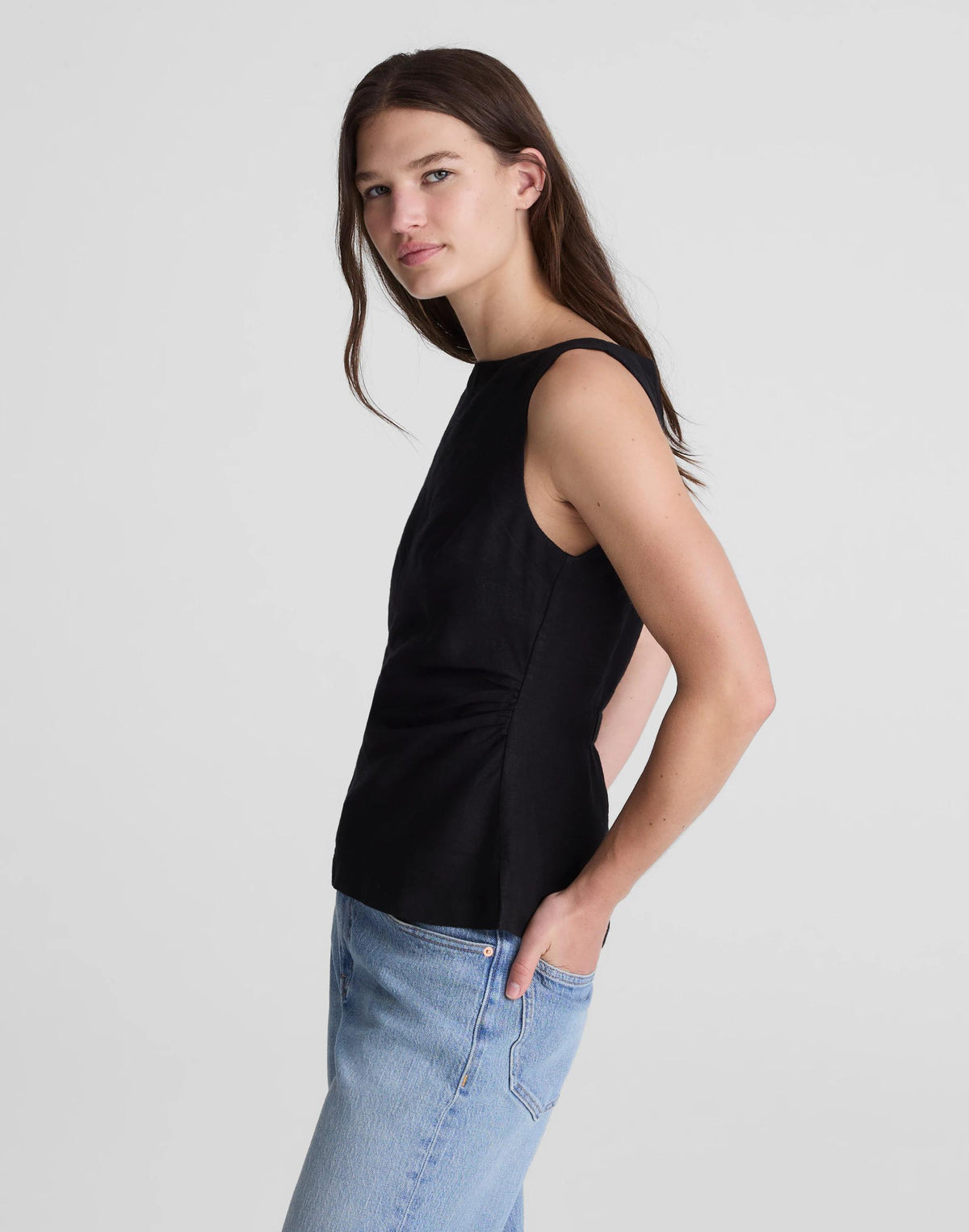 Cinched Boatneck Sleeveless Top in 100% Linen Jet Black | Madewell