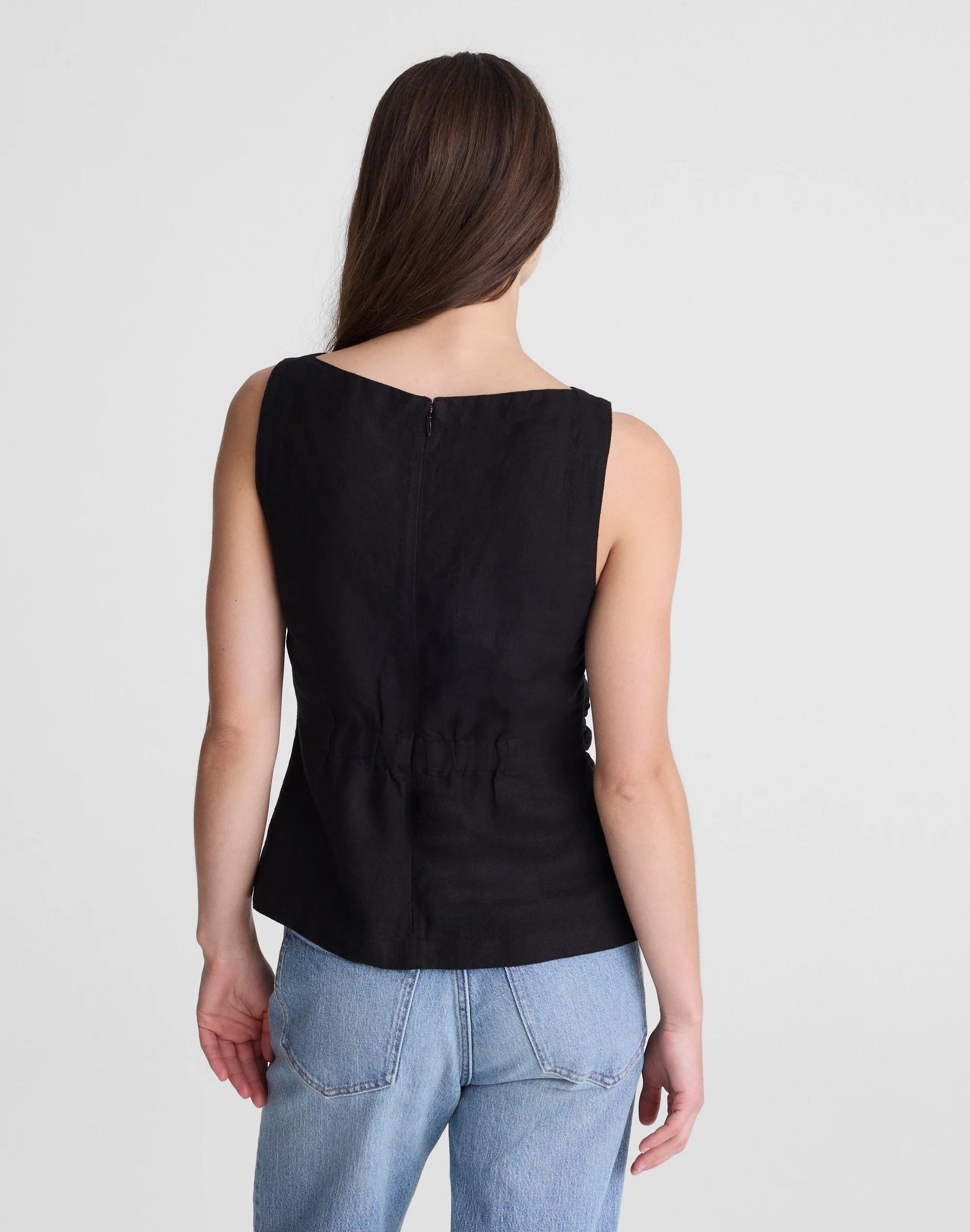 Cinched Boatneck Sleeveless Top in 100% Linen Jet Black | Madewell