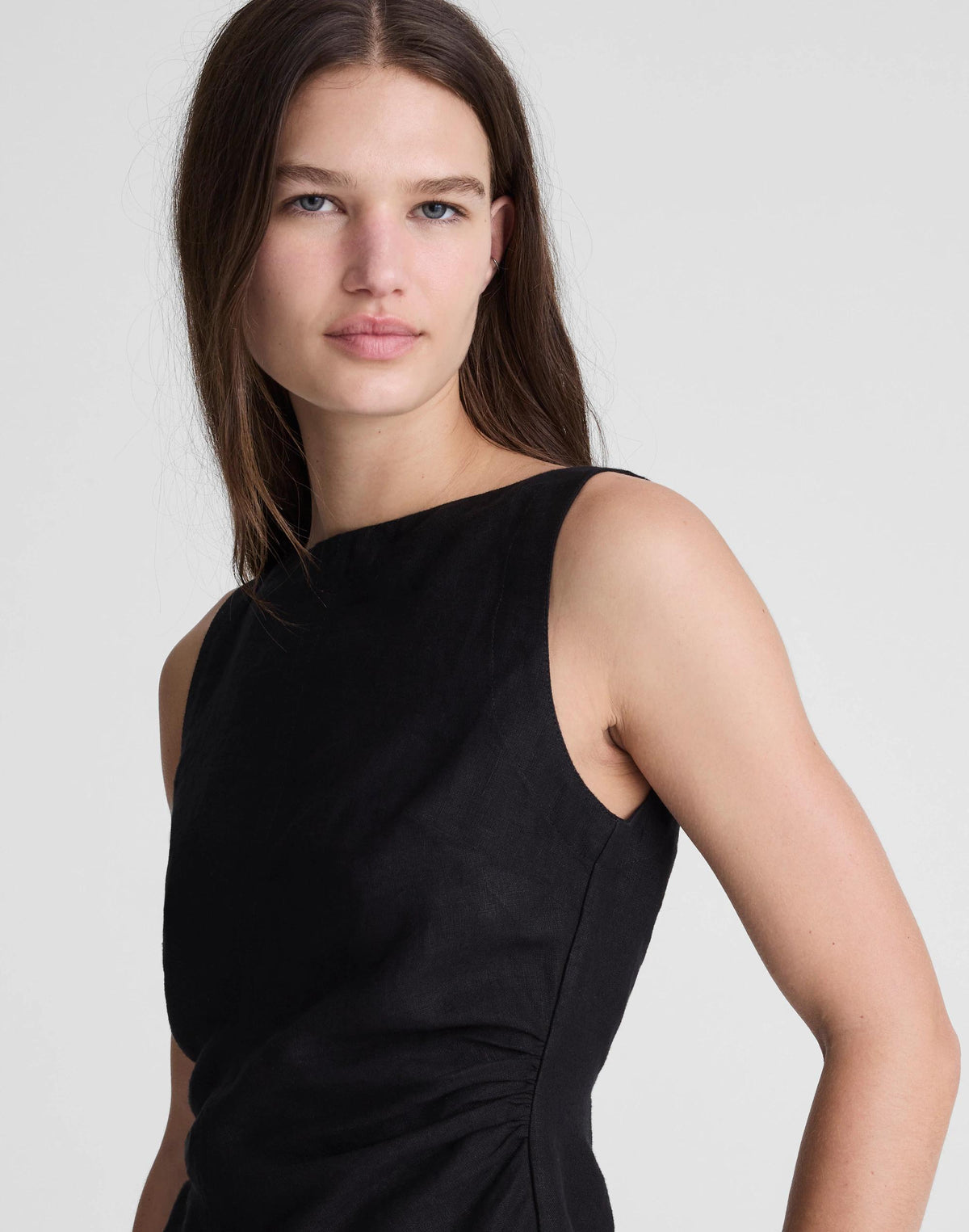 Cinched Boatneck Sleeveless Top in 100% Linen Jet Black | Madewell