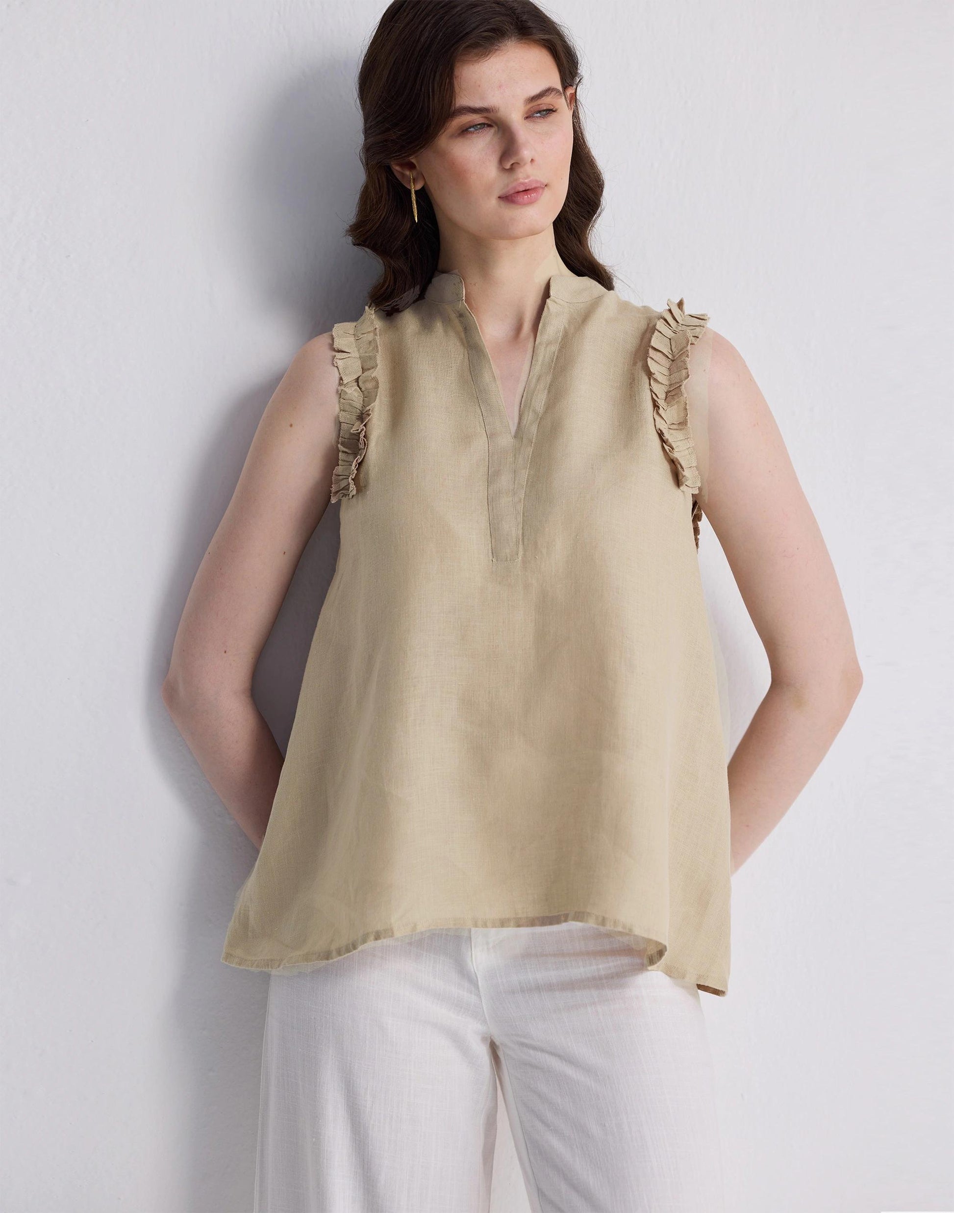 Reistor® Sleeveless 100% Hemp Top with Ruffles in Neutral Beige Beige | Madewell